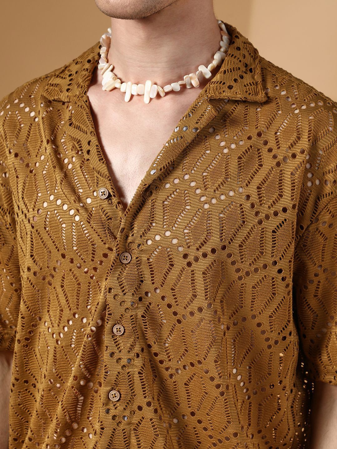 Campus Sutra Brown Self Design Shirt With Shorts