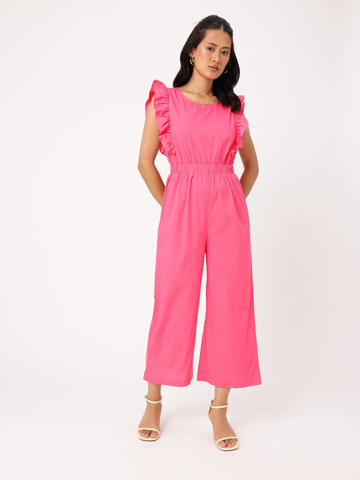 DressBerry Whimsy Vibe Gathers Cut-Out Flutter Sleeves Cropped Basic Jumpsuit