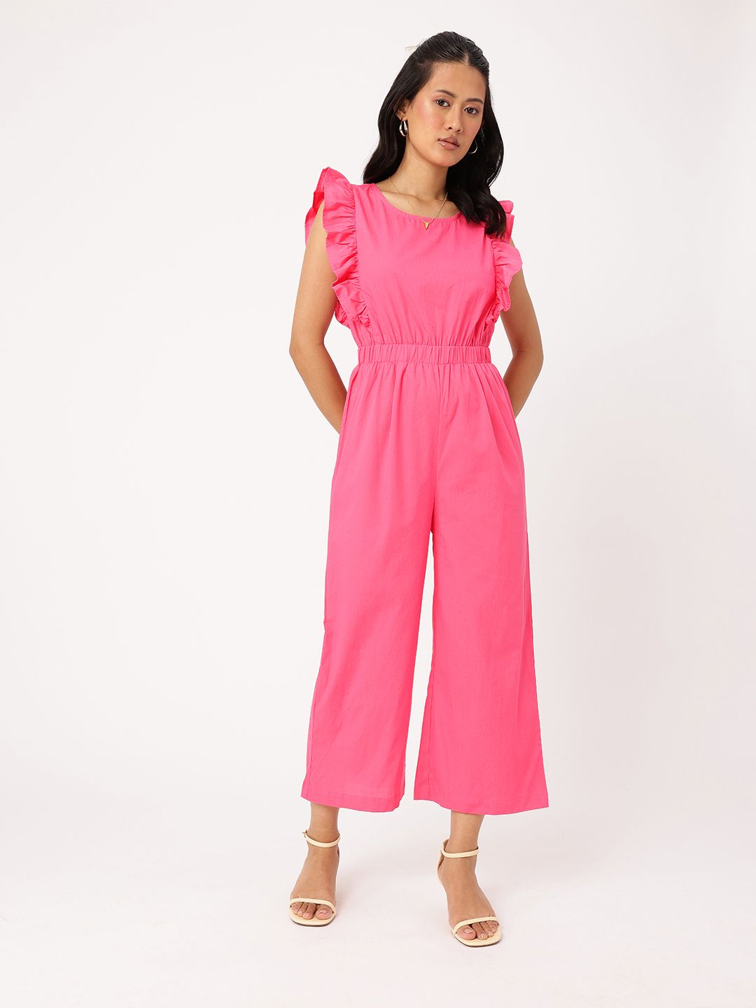 DressBerry Whimsy Vibe Gathers Cut-Out Flutter Sleeves Cropped Basic Jumpsuit