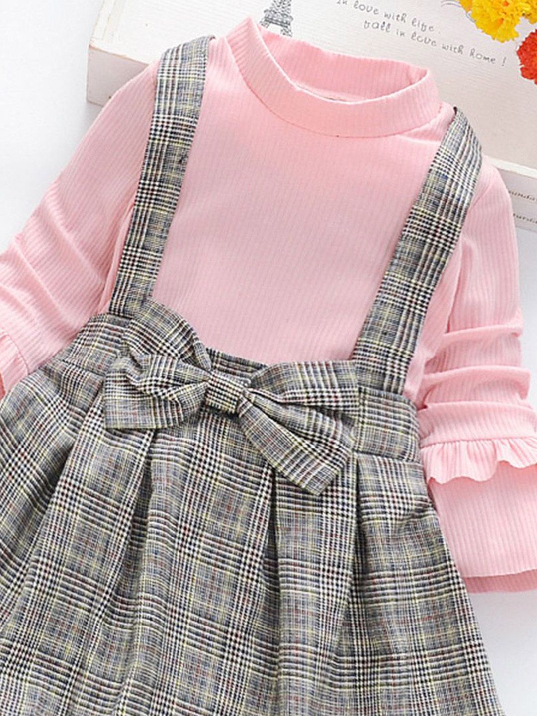 YK Girls Checked Cotton Bow Detail Pinafore Dress