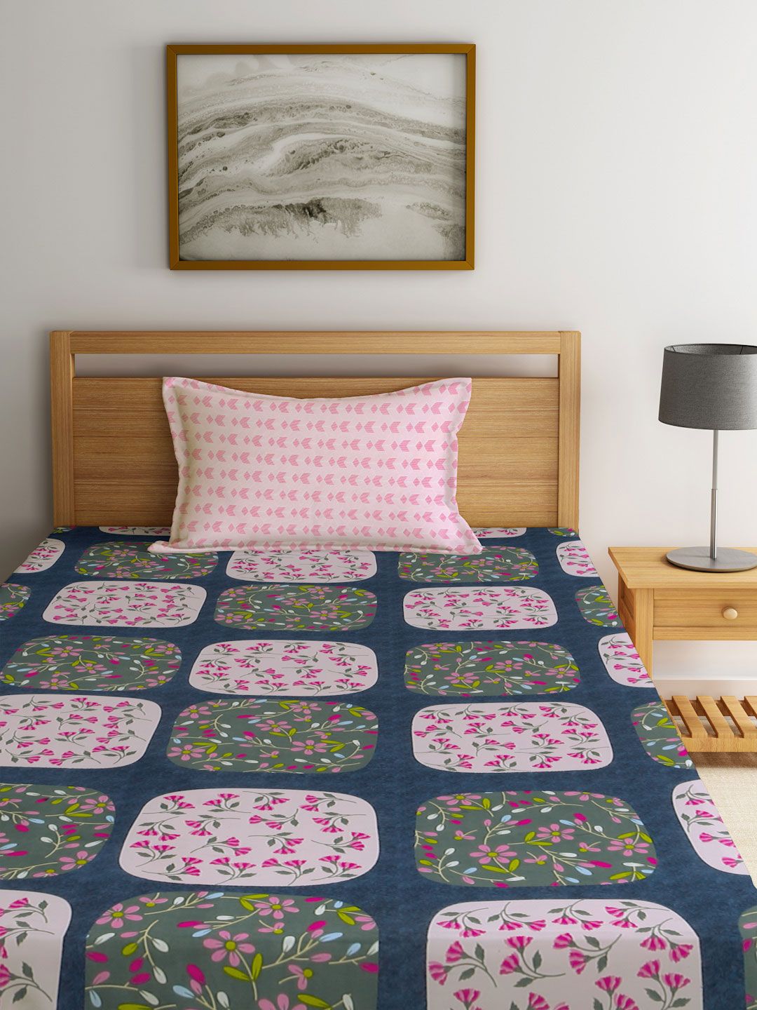 KLOTTHE Blue & Pink Floral Printed 300TC Single Cadar Dengan 1 Sarung Bantal