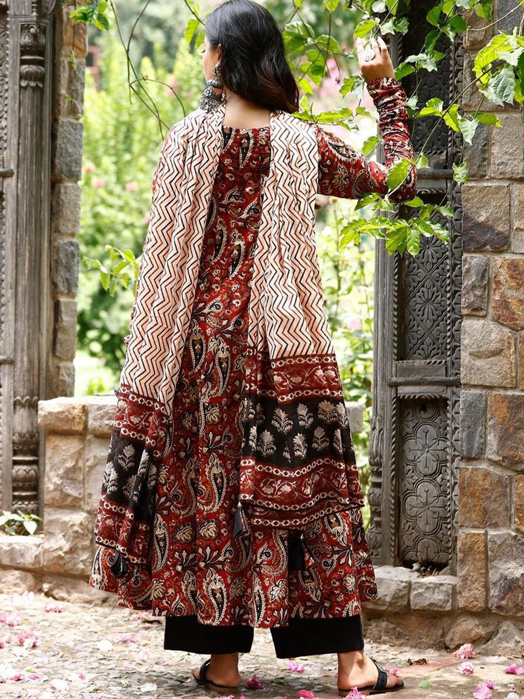 KALINI Floral Printed Round Neck Anarkali Kurta With Trousers & Dupatta