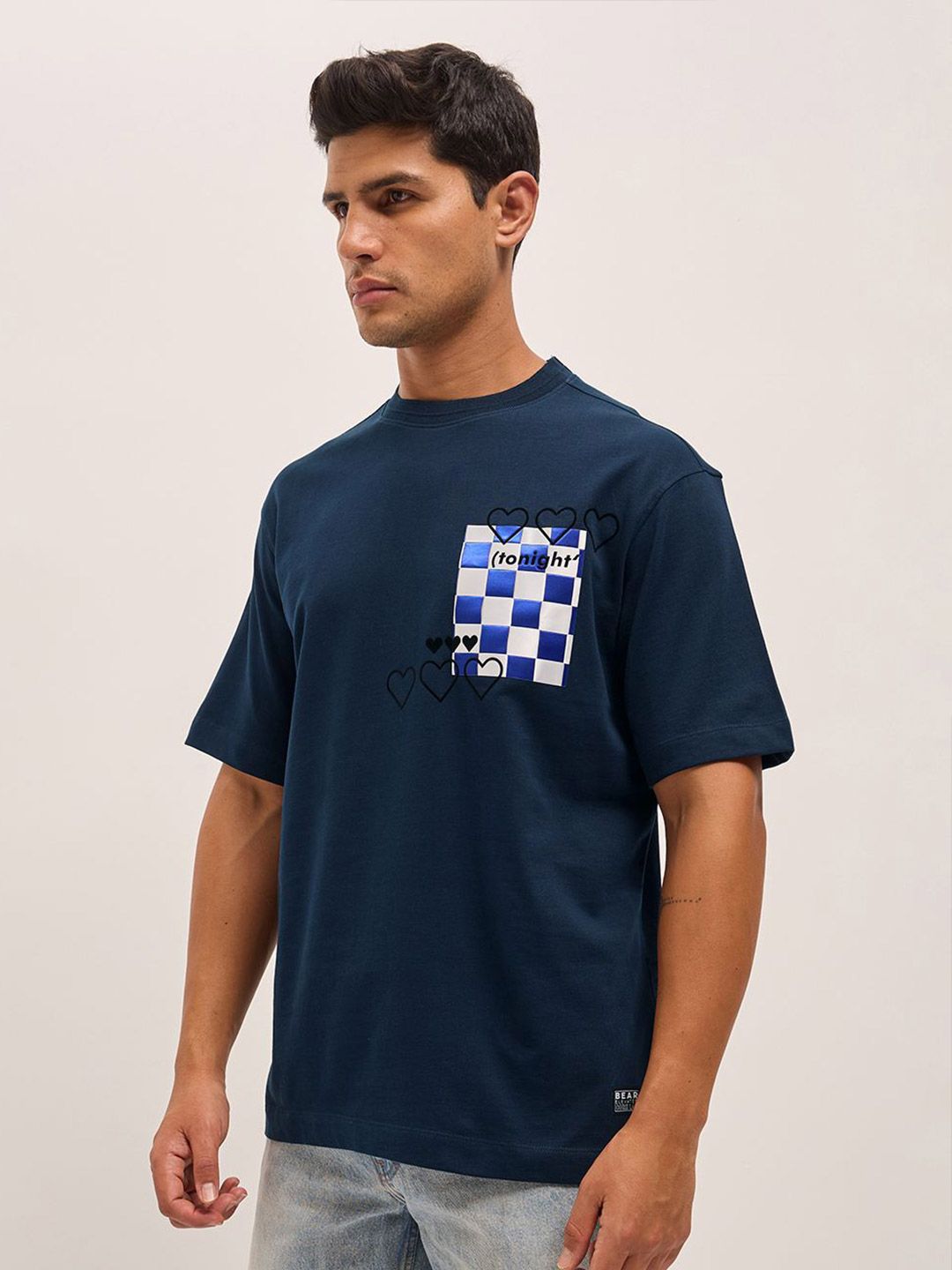 THE BEAR HOUSE Men Solid Round Neck Pure Cotton Oversized T-shirt