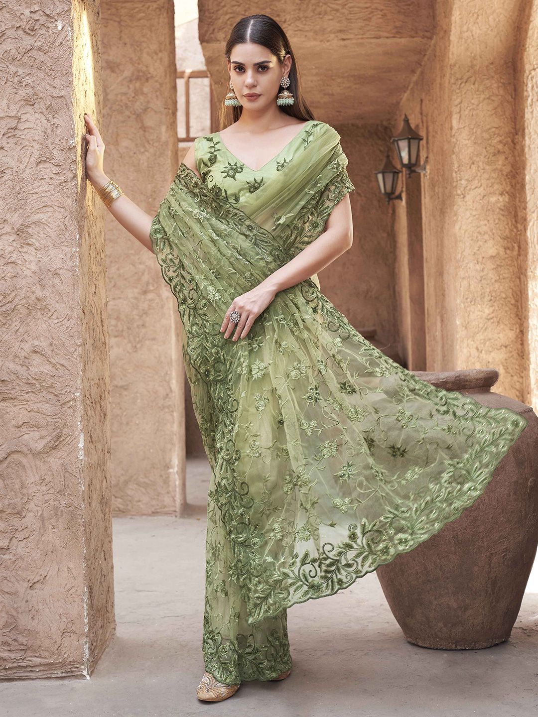 Tikhi Imli Net Embellished Embroidered Beads and Stones Saree