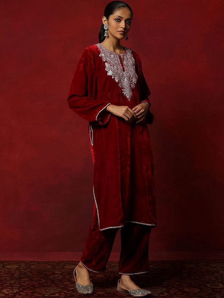 House of Chikankari Women Maroon Velvet Tilla Embroidered Kurta Set