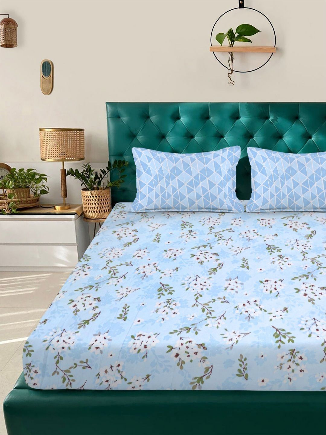 Aura Blue & Green Floral Printed 300 TC Fitted Double King Bedsheet Set-2.5 m X 2.25 m