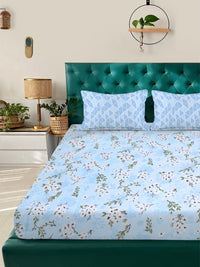 Aura Blue & Green Floral Printed 300 TC Fitted Double King Bedsheet Set-2.5 m X 2.25 m