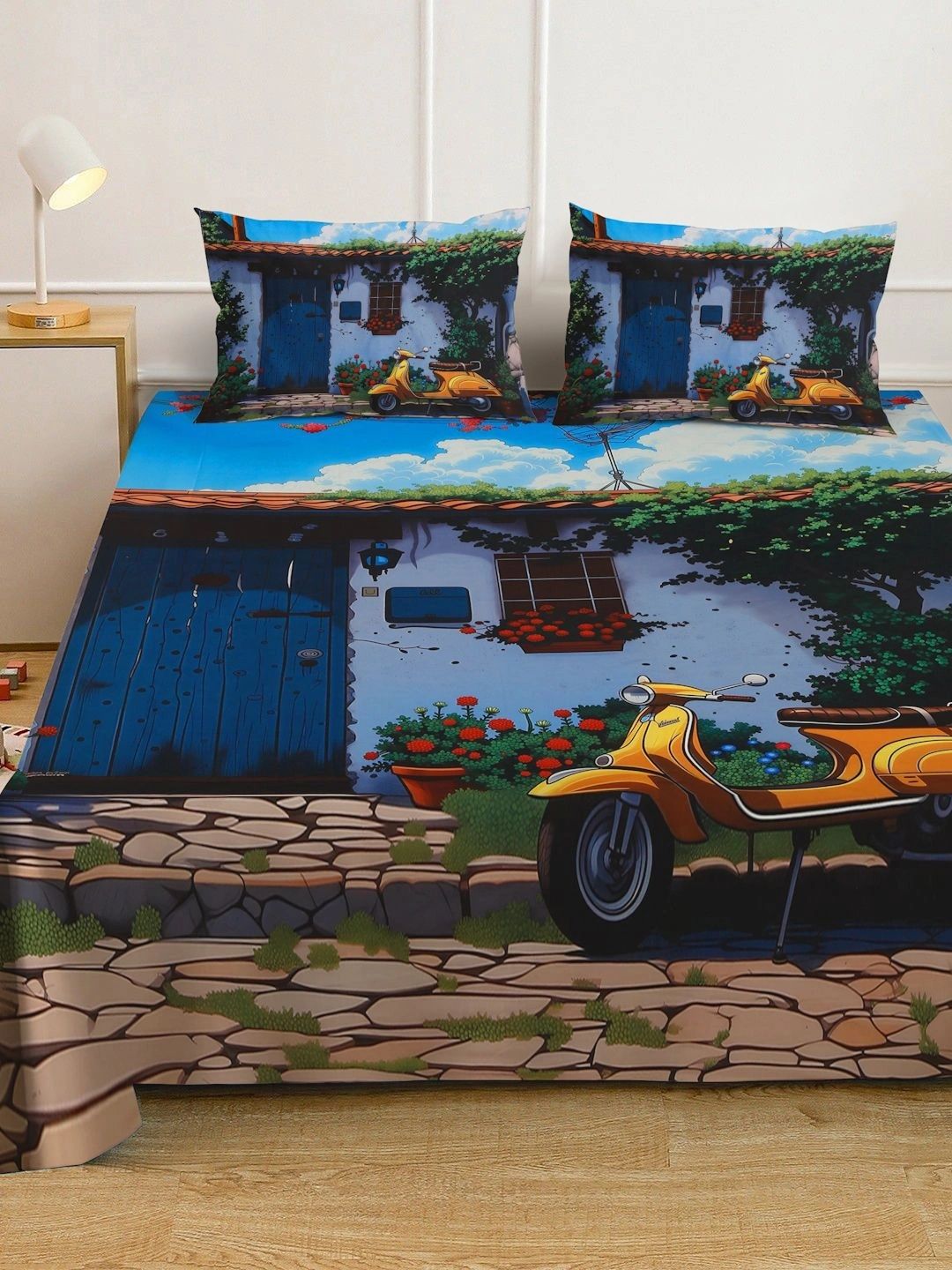 Myntra Elegant Homes Blue & Navy Blue 400 TC King Bedsheet with 2 Pillow Covers