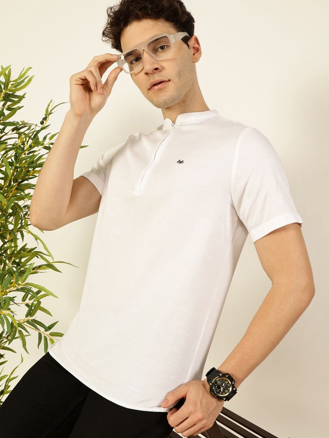 Thomas Scott Men Solid Mandarin Collar Cotton T-Shirt