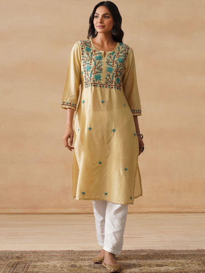 House of Chikankari Women Solid Beige Cotton Kurta
