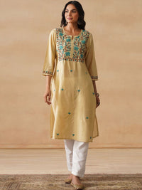 House of Chikankari Women Solid Beige Cotton Kurta