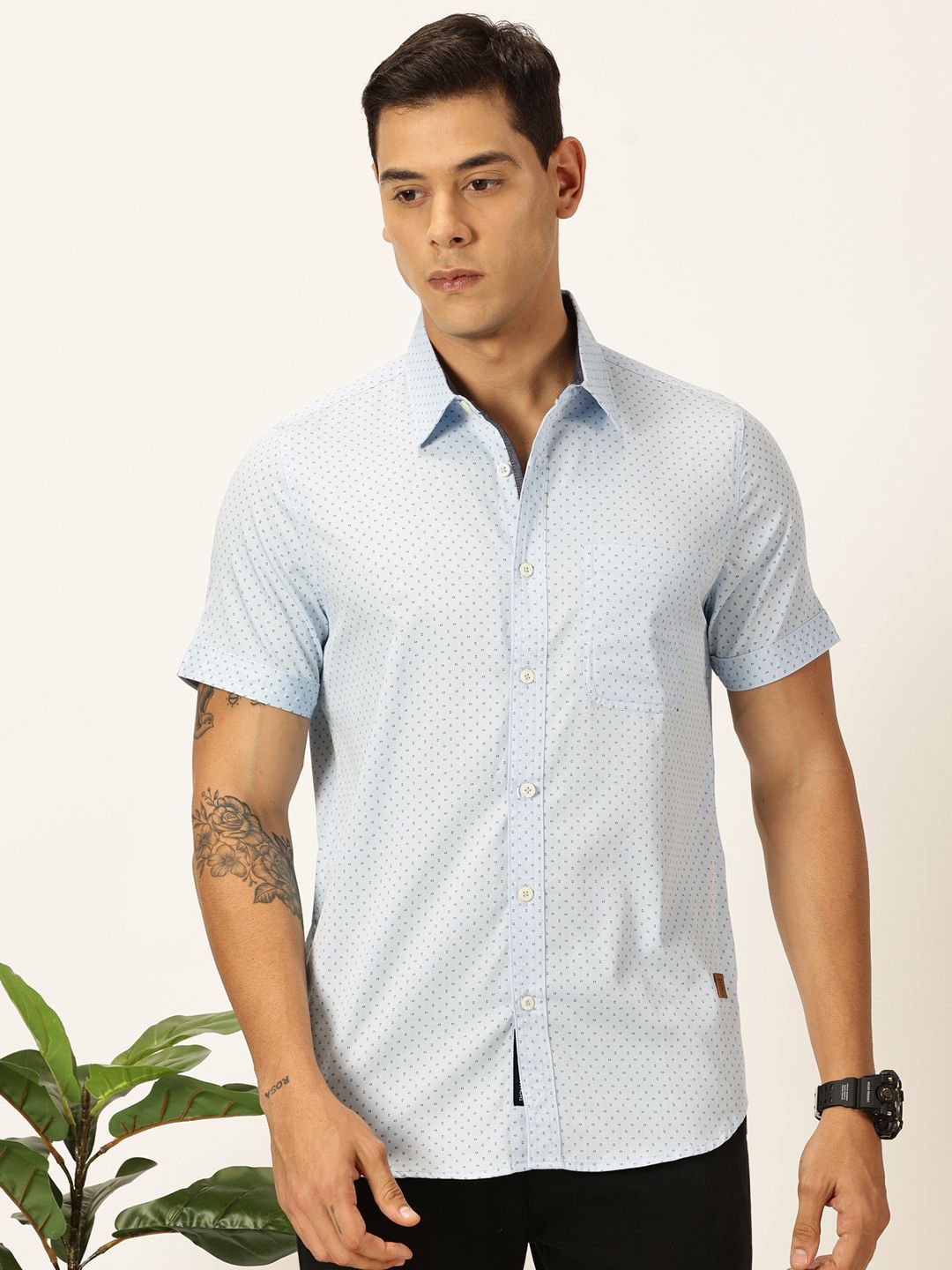 Thomas Scott Men Premium Cutaway Collar Polka Dots Printed Cotton Casual Shirt