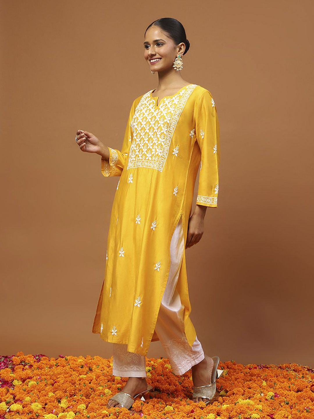 Rumah Chikankari Wanita Mustard Kuning Chanderi Chikankari Sulam Kurta