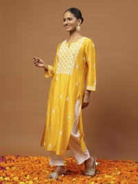 Rumah Chikankari Wanita Mustard Kuning Chanderi Chikankari Sulam Kurta