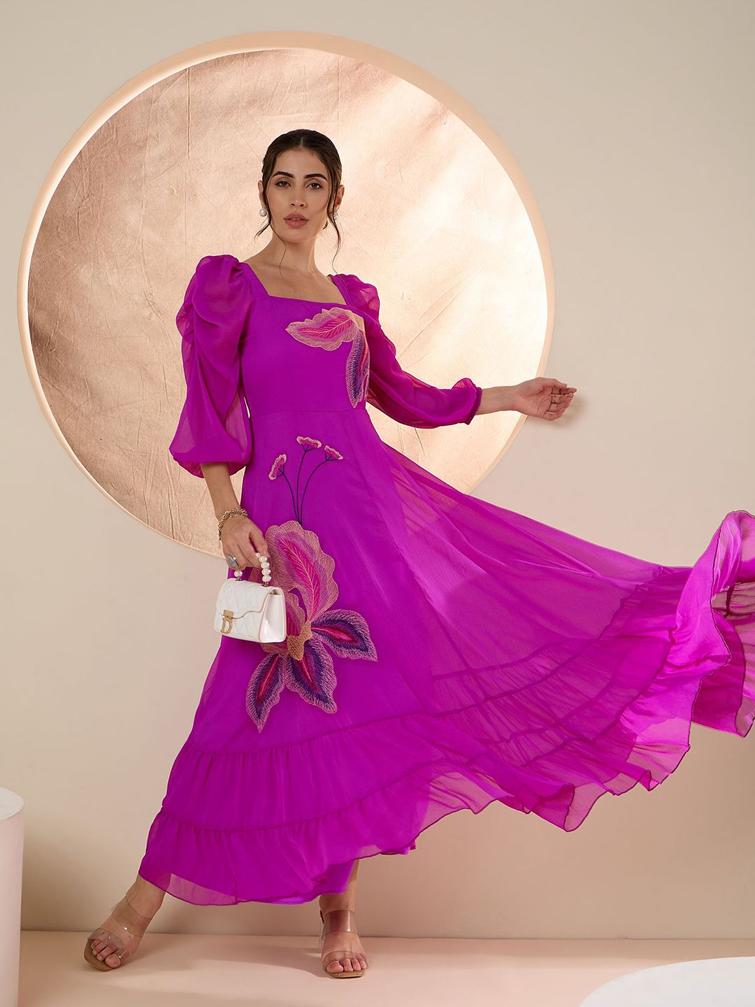 Antheaa Puff Sleeve Chiffon Emberoidered Maxi Dress