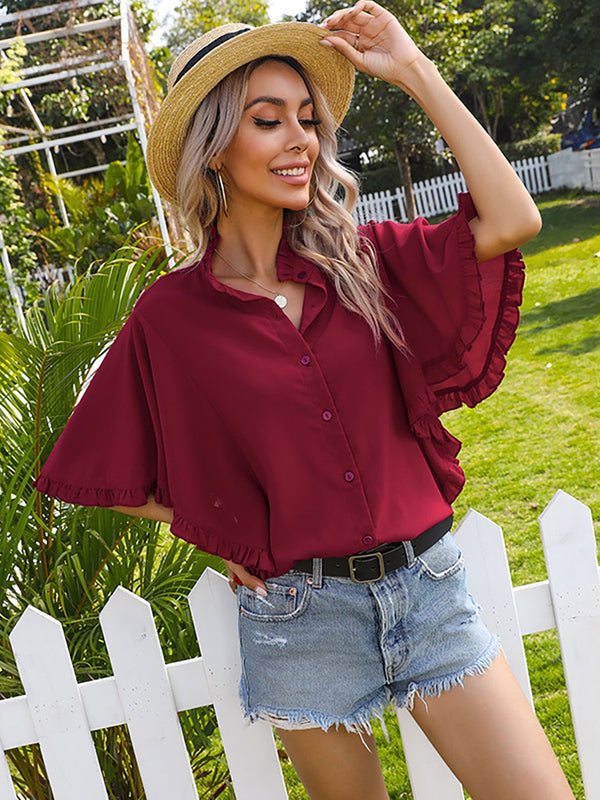 DressBerry Mandarin Collar Flared Sleeve Shirt Style Top