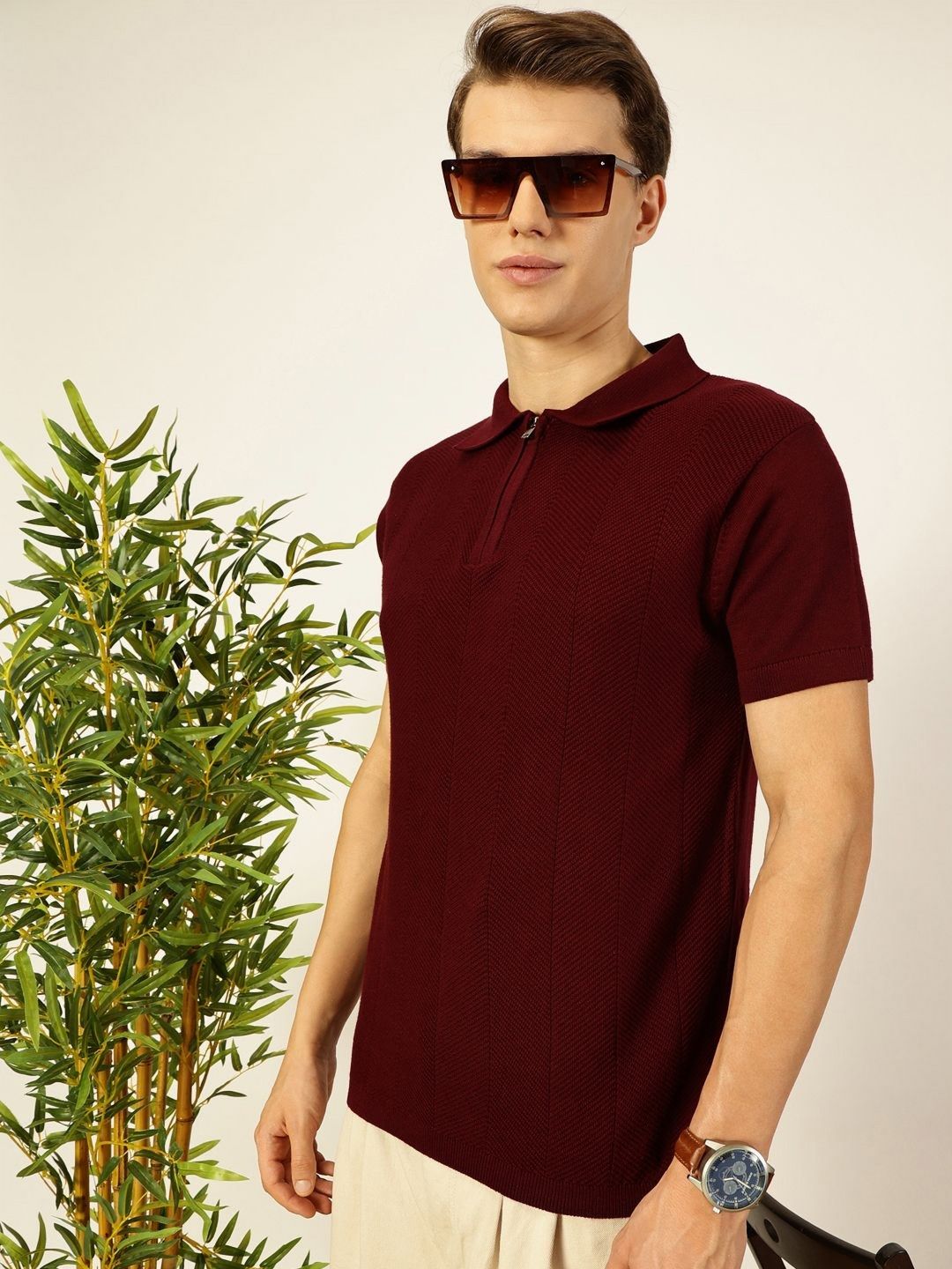 Thomas Scott Men Bio Finish Self Design Polo Collar Cotton T-shirt