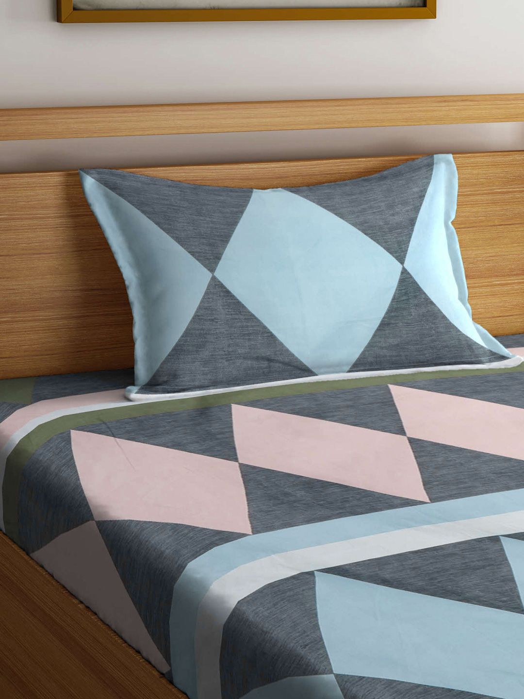 Myntra Elegant Homes Blue & Peach Printed 300 TC Single Bedsheet Set 2.25 m x 1.5 m