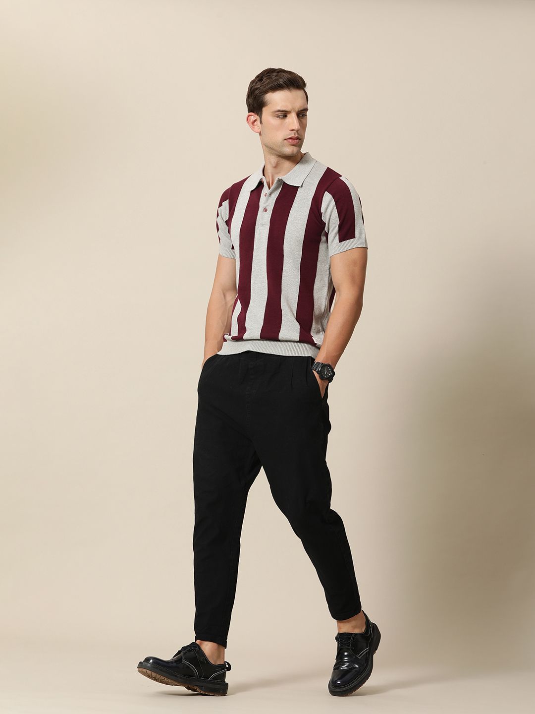 Mr Bowerbird Tailored Fit Striped Polo Collar Pure Cotton T-shirt