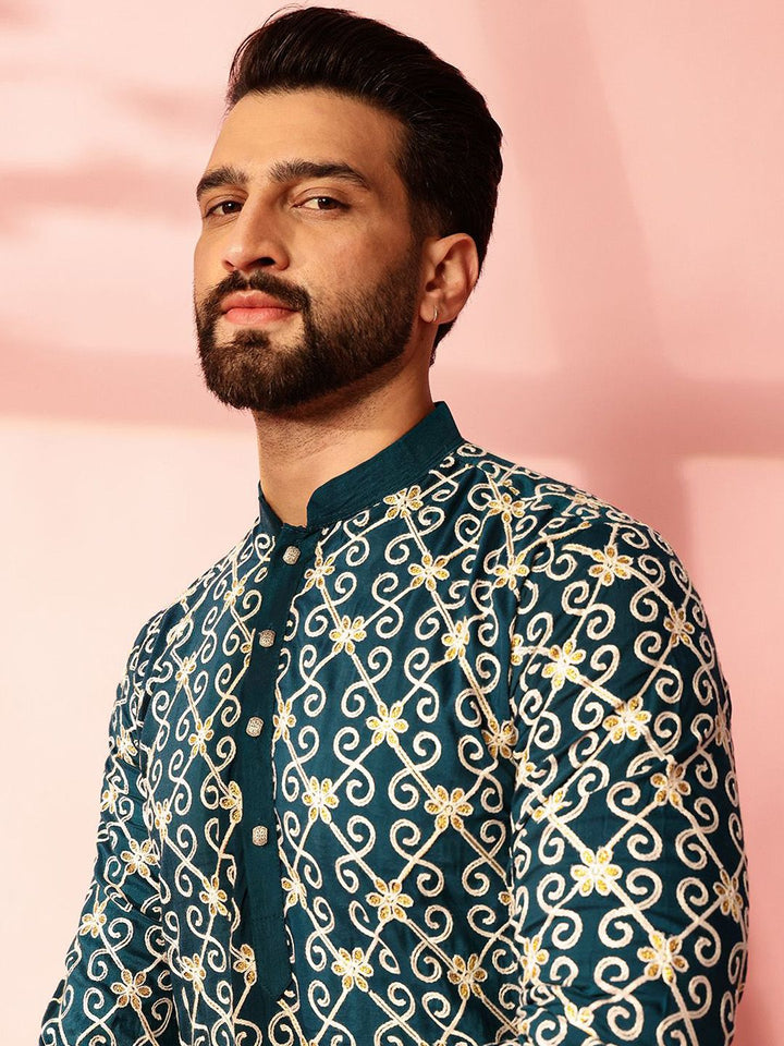 Anouk Men Floral Embroidered Regular Pure Cotton Kurta with Pyjamas
