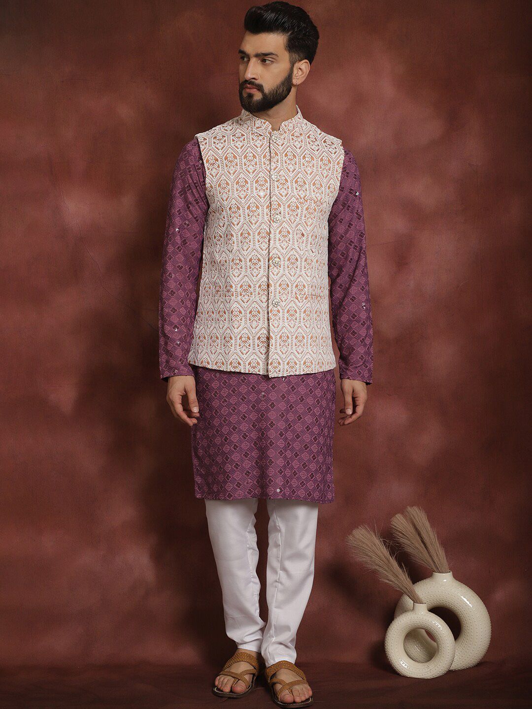Anouk Embroidered Thread Work Regular Kurta Churidar & Nehru jacket