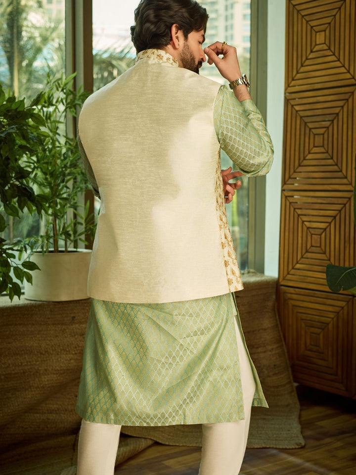 SOJANYA Ethnic Motifs Woven design Band Collar Kurta With Churidar And Nehru Jacket