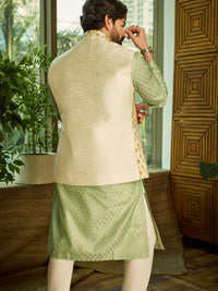 SOJANYA Ethnic Motifs Woven design Band Collar Kurta With Churidar And Nehru Jacket