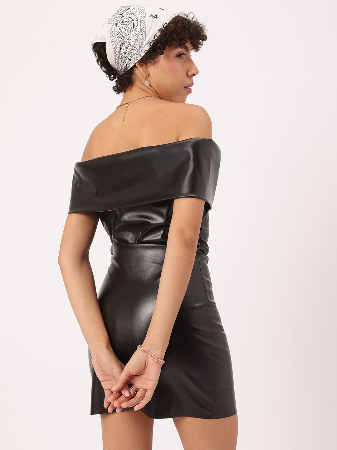 DressBerry The Off-Shoulder Oasis Bow Faux Leather Mini Bodycon Dress