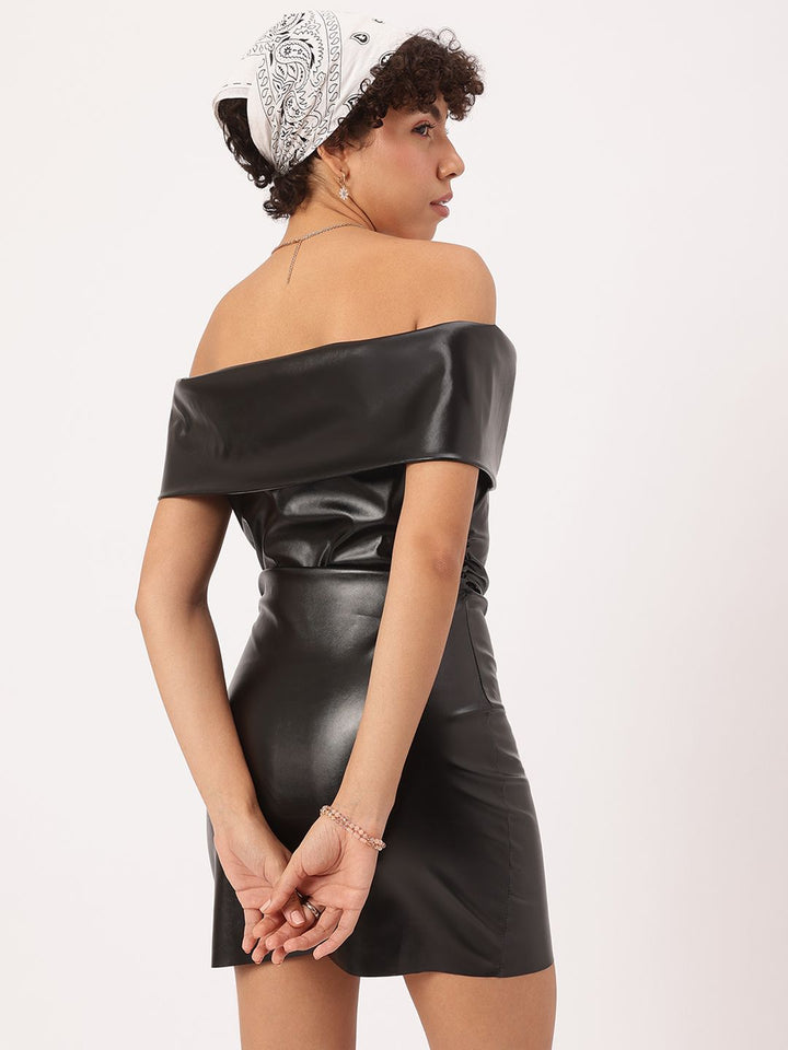 DressBerry The Off-Shoulder Oasis Bow Faux Leather Mini Bodycon Dress