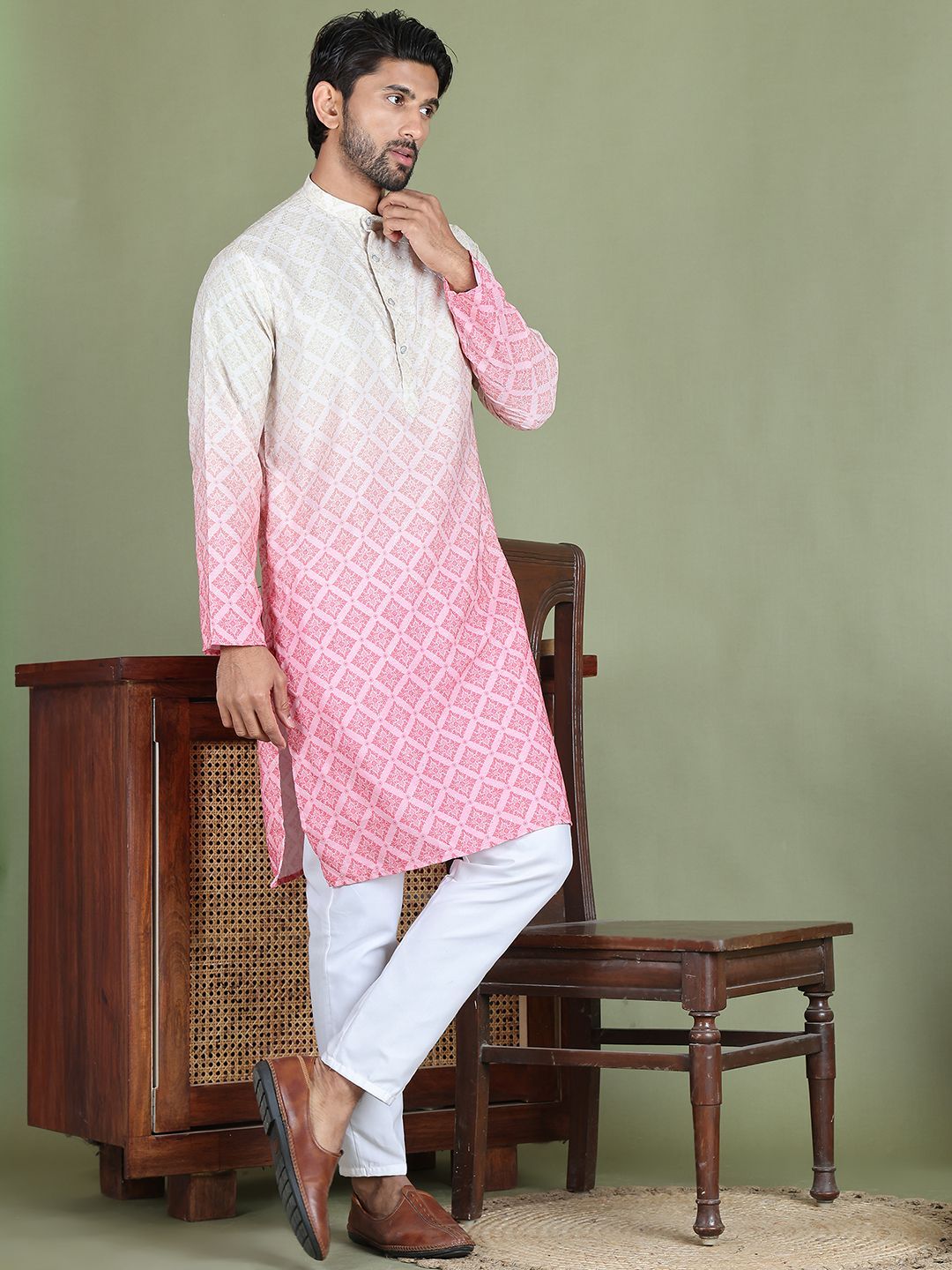 Jompers Geometric Printed Band Collar Straight Kurta With Trouser