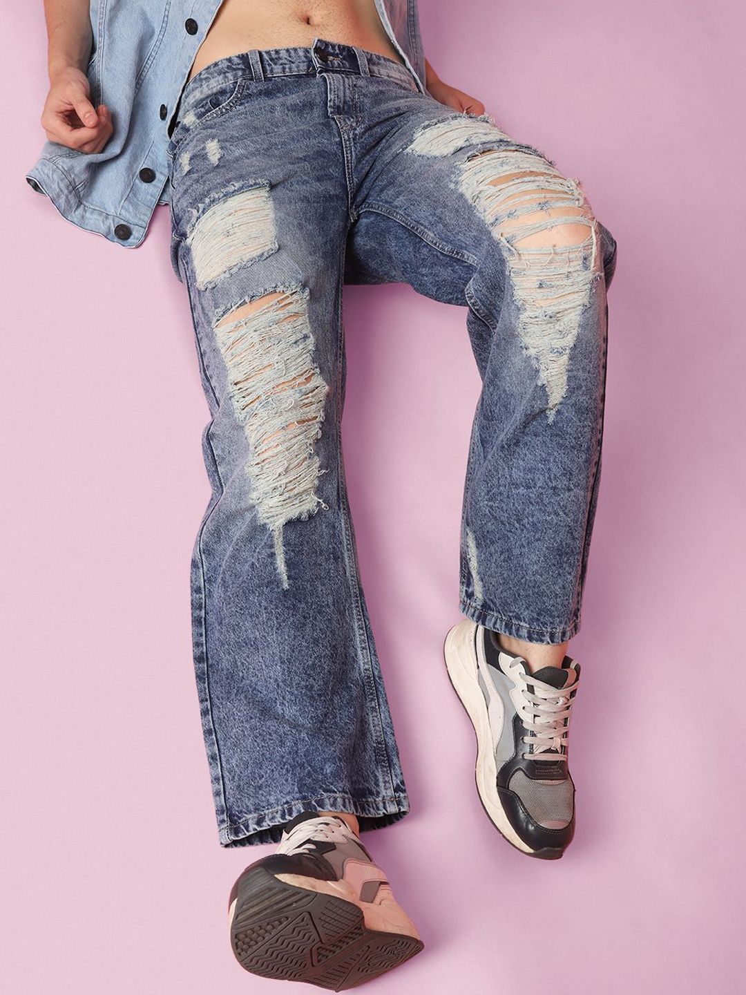 Bene Kleed Men Wide Leg Highly Distressed Heavy Fade Jeans