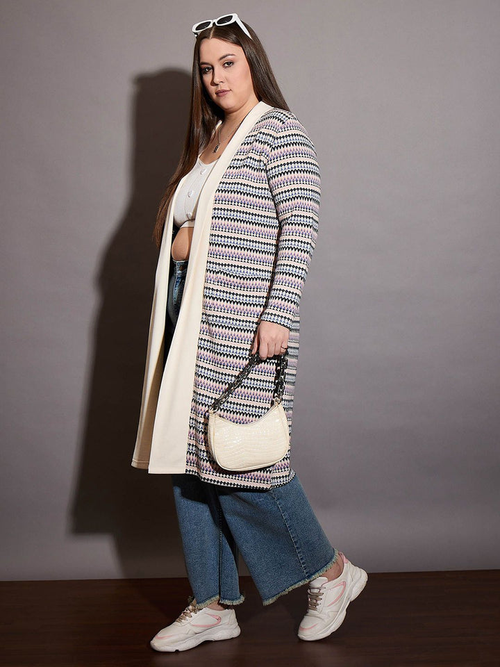 SASSAFRAS Curve Plus Size Chevron Striped Pure Cotton Longline Front Open Shrug