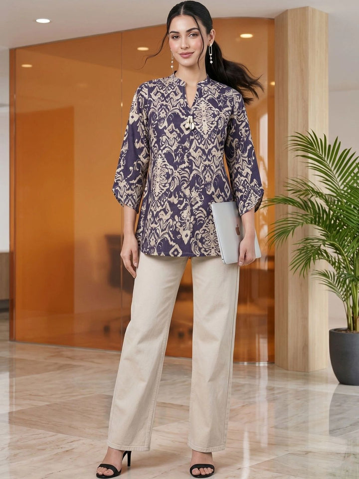 Mamicha Print Mandarin Collar Bell Sleeve Cotton Top