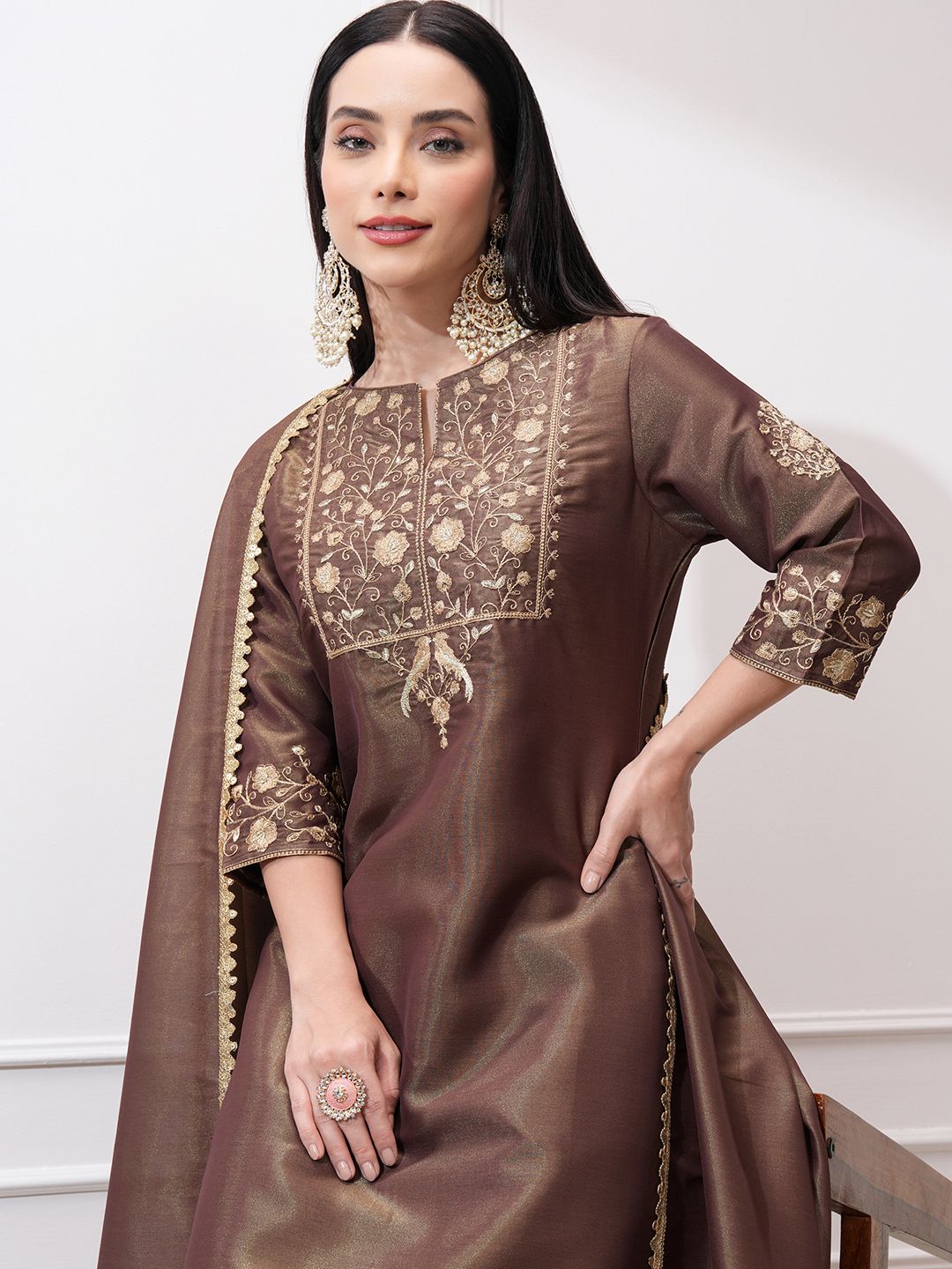 Vishudh Women Ethnic Motifs Embroidered Regular Kurta with Trousers & With Dupatta