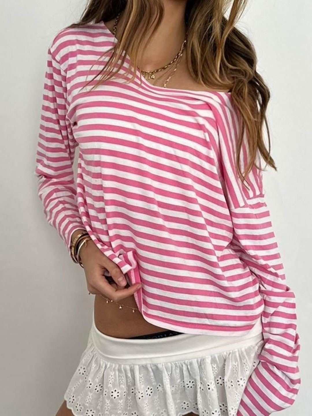 DressBerry Women Striped One Shoulder Long Sleeves Top