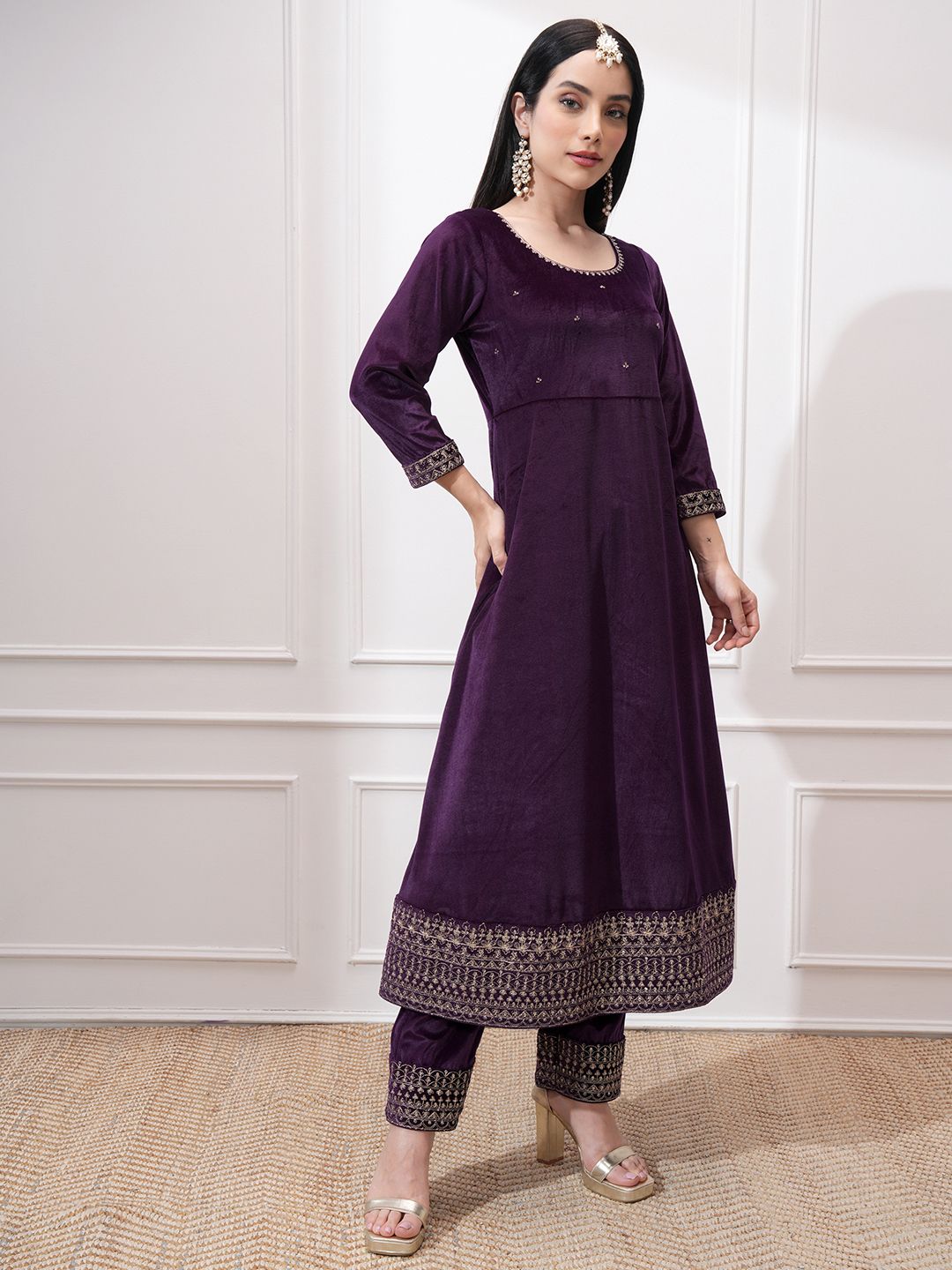 Vishudh Women Ethnic Motifs Embroidered Regular Kurta with Trousers & With Dupatta