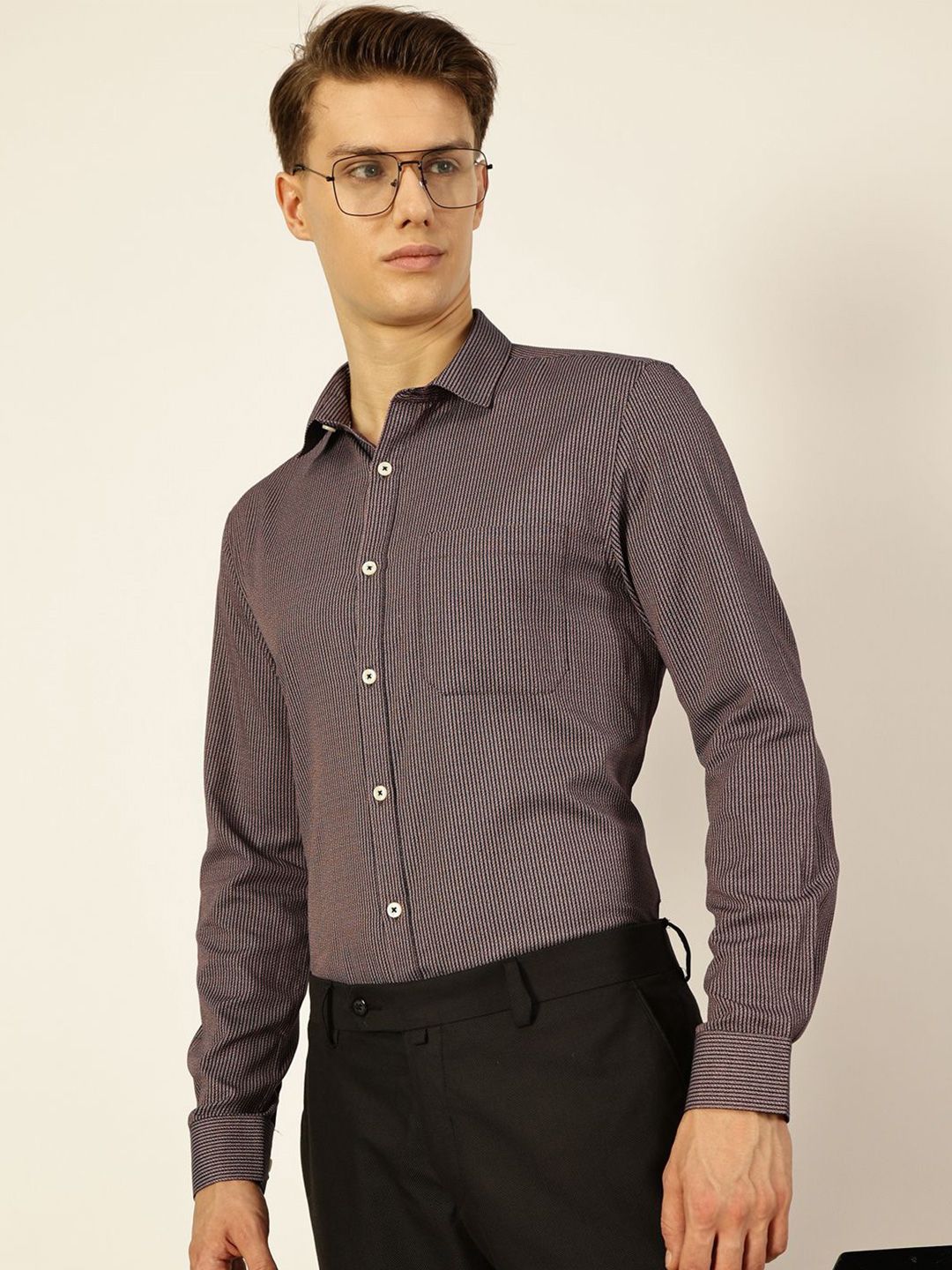 Thomas Scott Men Smart Spread Collar Pinstripes Striped Cotton Formal Shirt