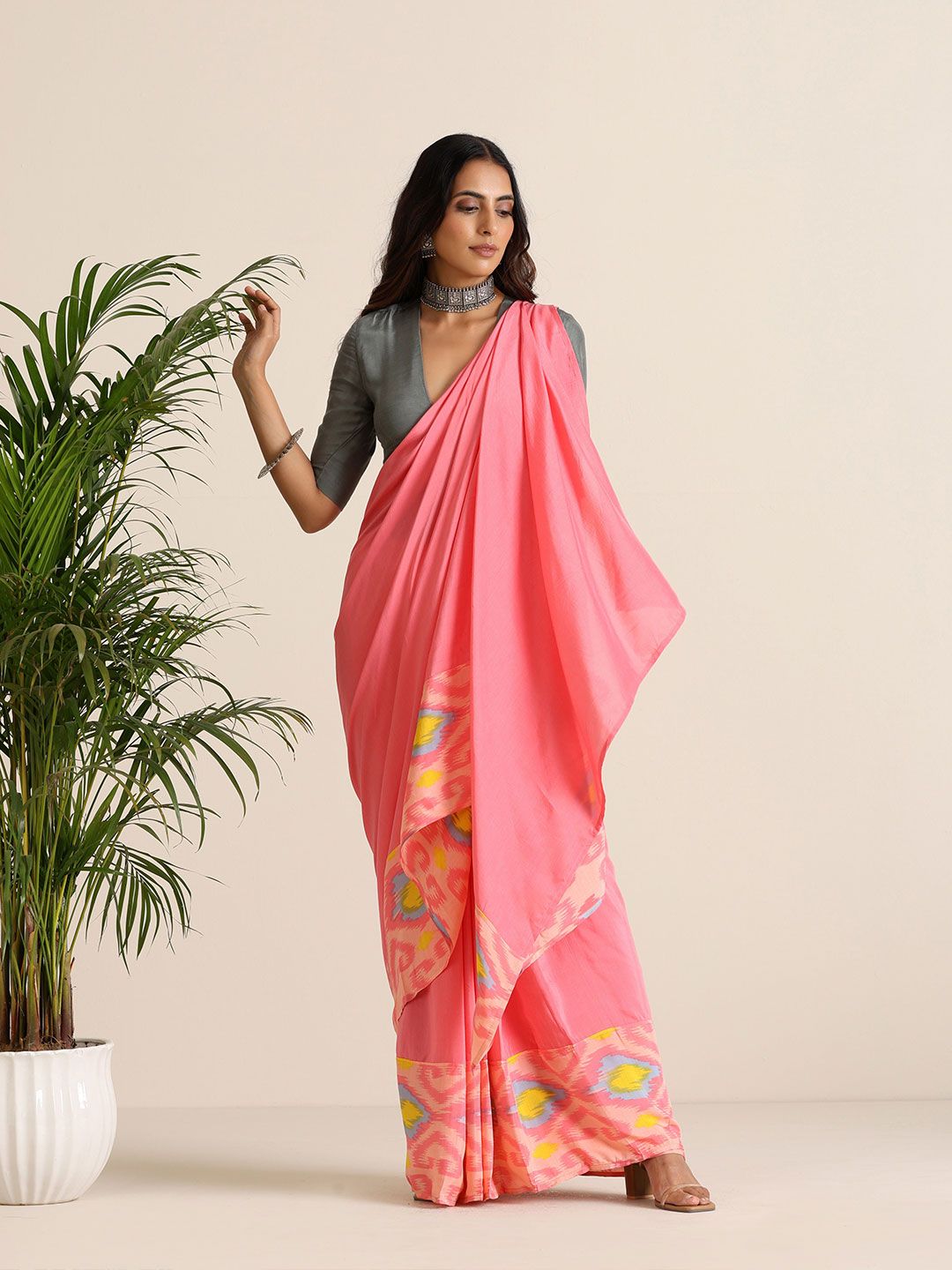 trueBrowns Pink Lime Muslin Ikat Saree