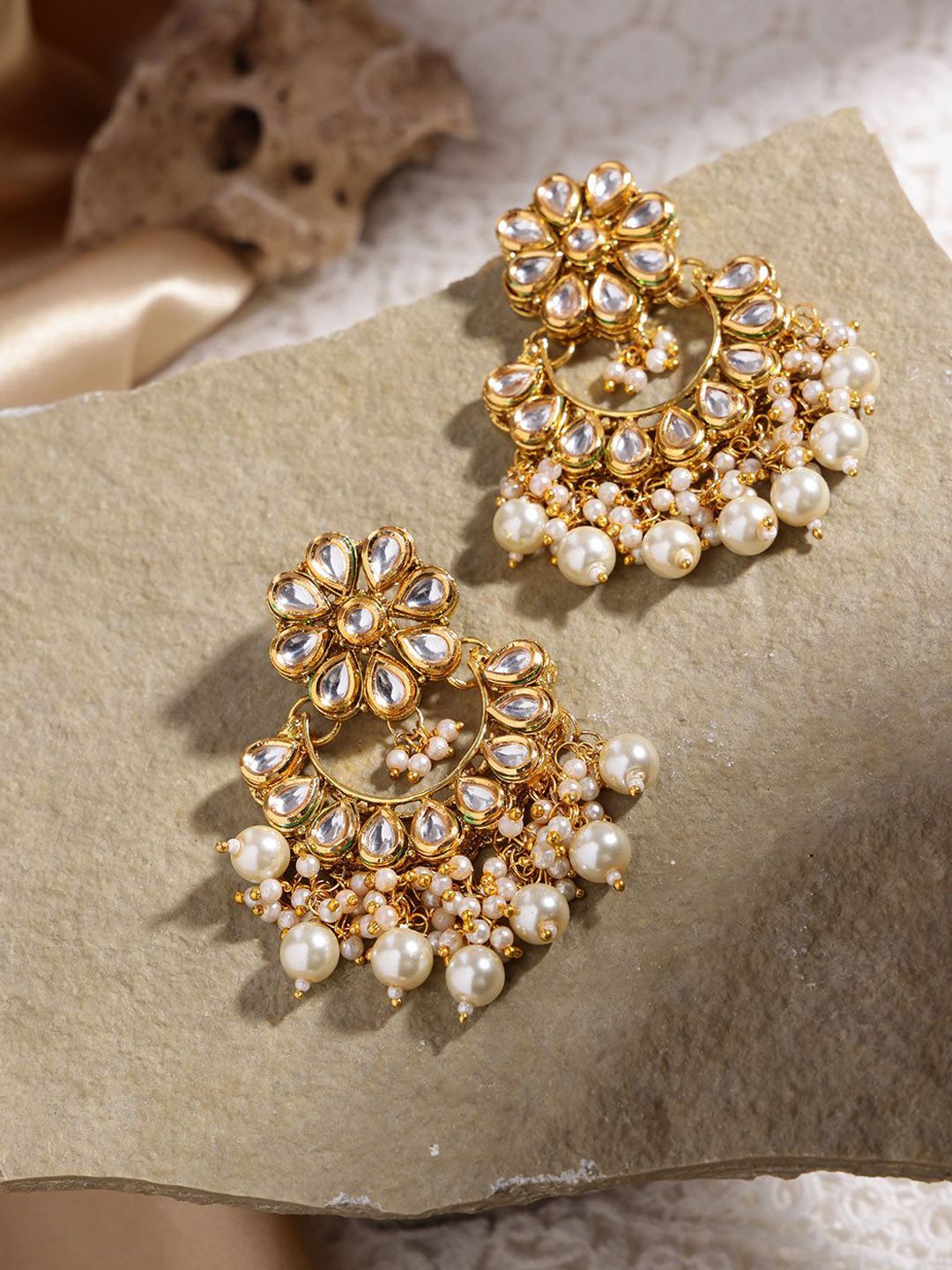 Anouk Gold-Plated Artificial Stones Studded Contemporary Drop Earrings
