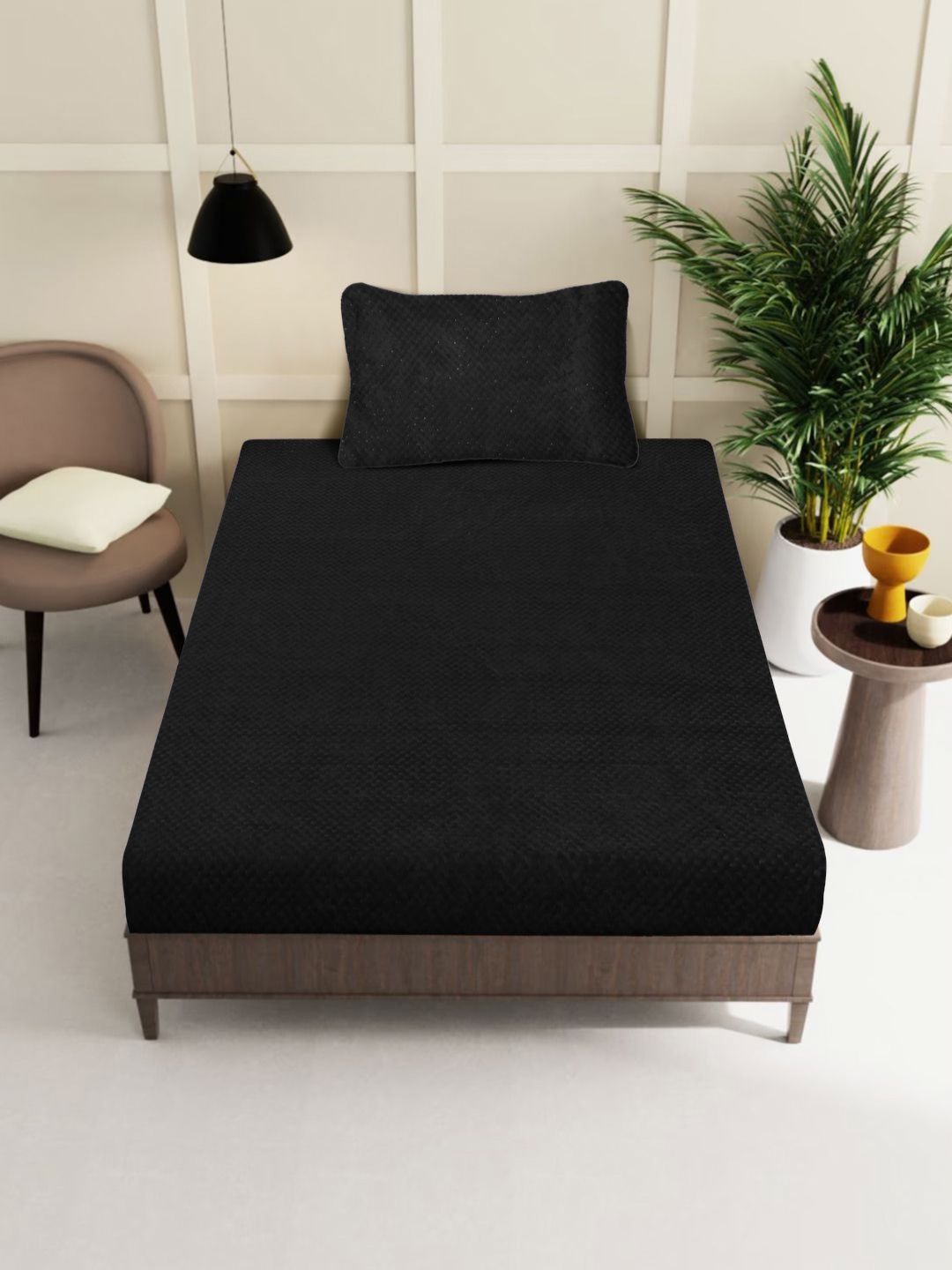 KLOTTHE Black Abstract 300TC Woollen Single Bedsheet & 1 Pillow Cover
