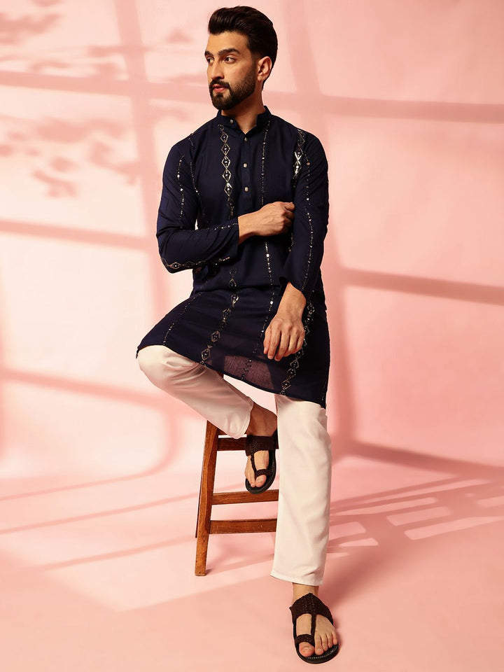 Anouk Striped Embroidered Mandarin Collar Sequinned Cotton Straight Kurta
