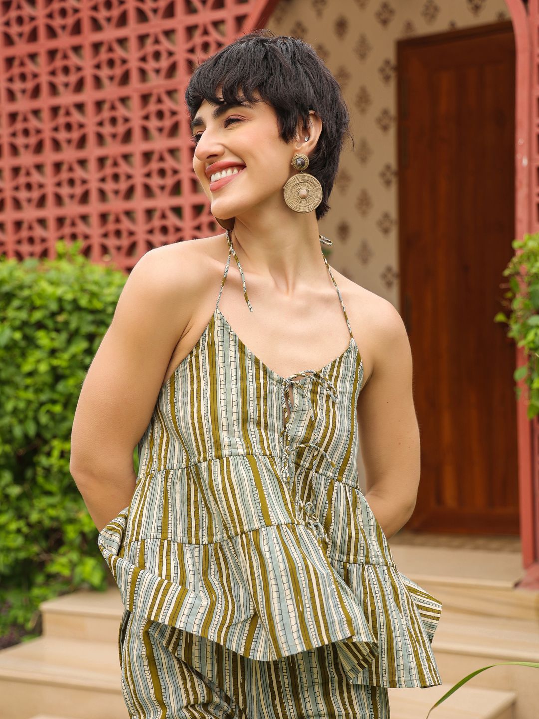 SANSKRUTIHOMES Striped Pure Cotton Top With Trouser Co-Ords