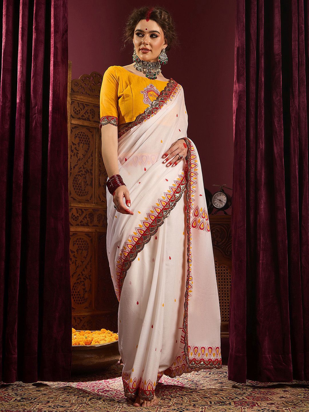 Saree mall Peach Cotton Ethnic Embellished Durga Puja Saree