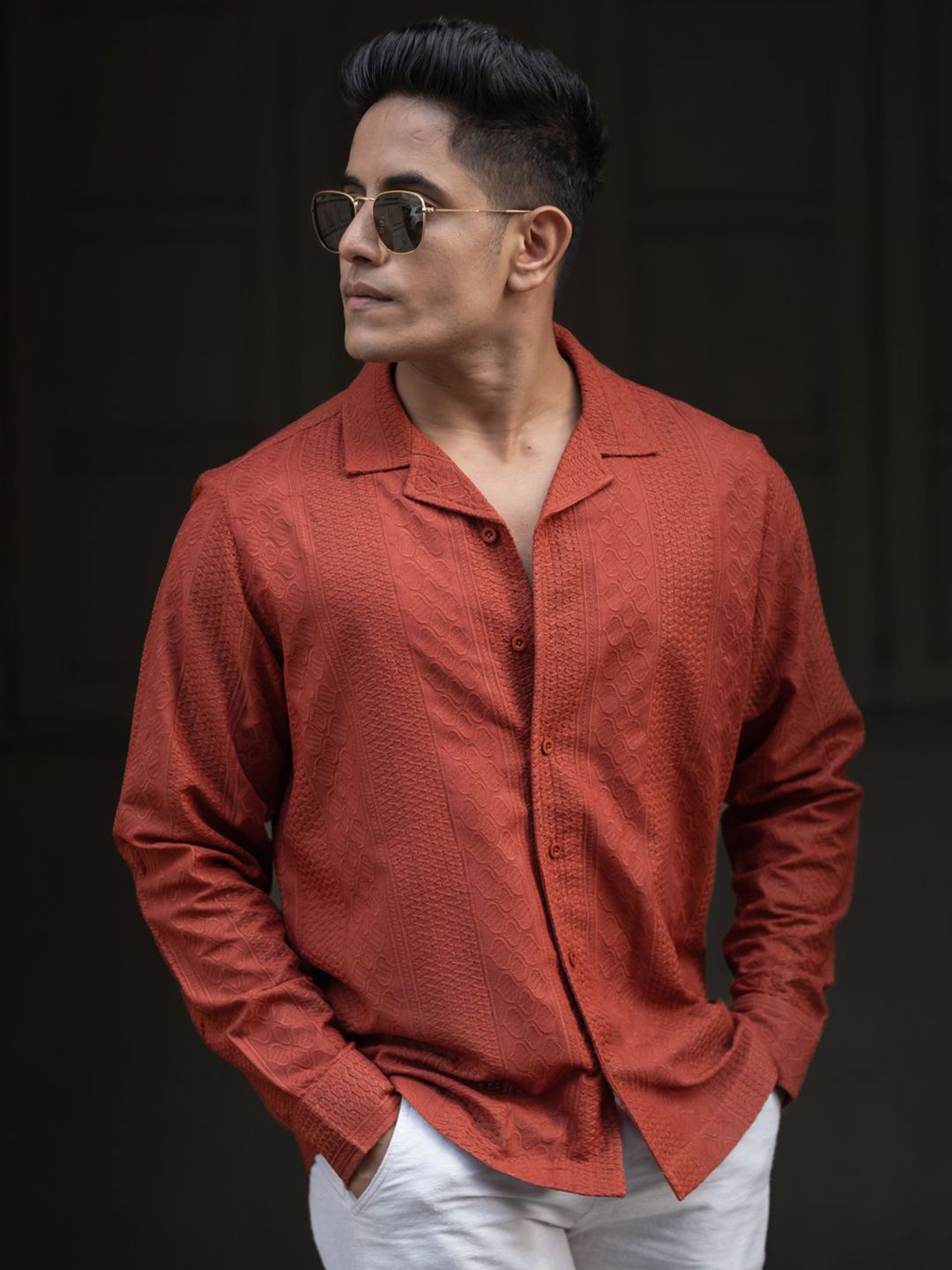 Powerlook Men Cuban Collar Self Design Casual Shirt