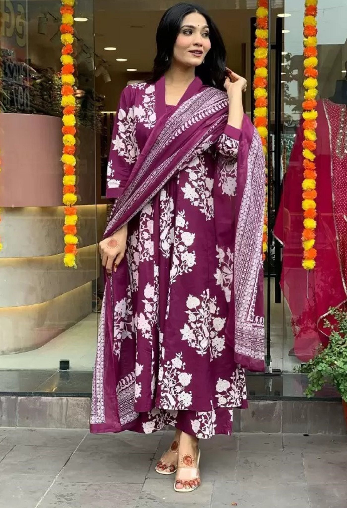 KALINI Floral Printed Pleated V-Neck A-Line Kurta With Palazzos And Dupatta