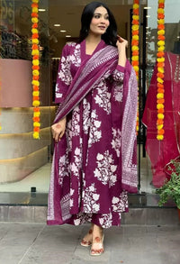 KALINI Floral Printed Pleated V-Neck A-Line Kurta With Palazzos And Dupatta
