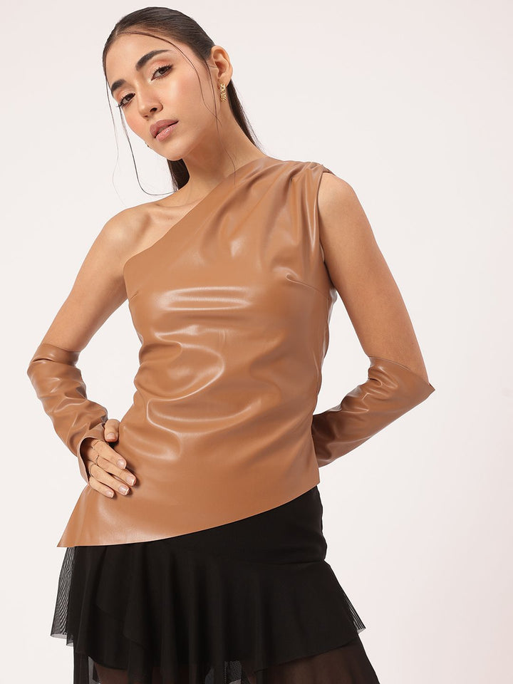 DressBerry Chic Grit Faux Leather Asymmetric Top With Hand Gloves
