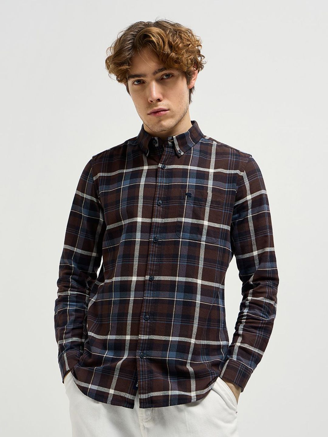 THE BEAR HOUSE Men Button-Down Collar Tartan Checked Cotton Casual Shirt