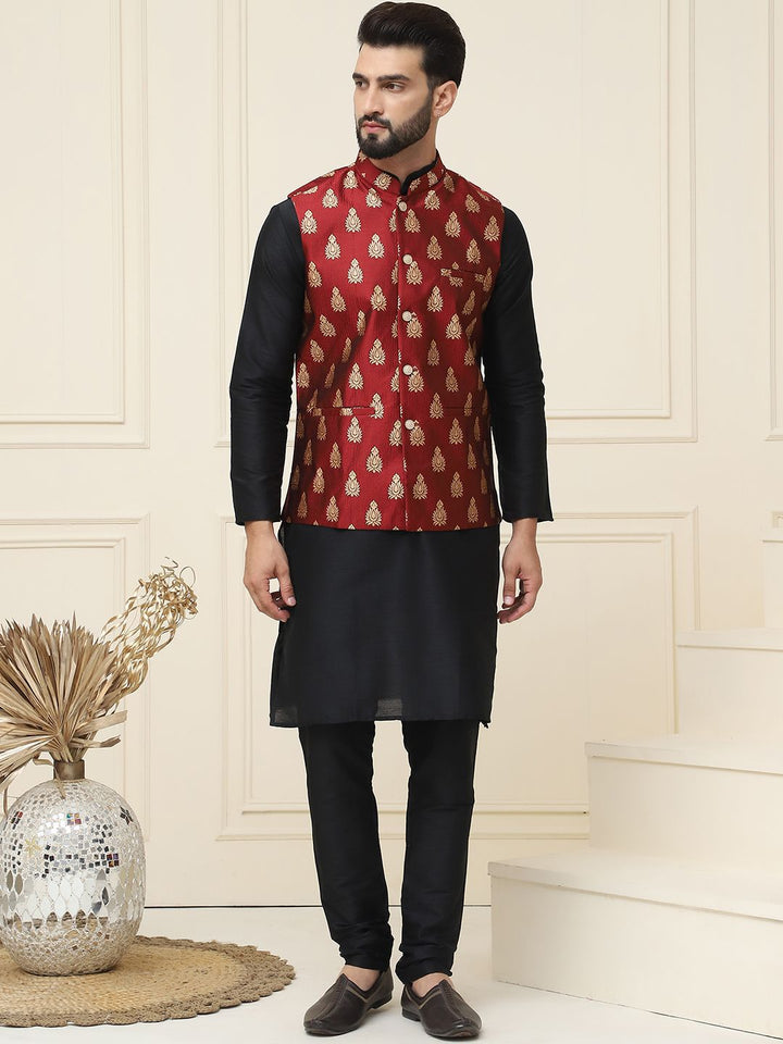 SOJANYA Mandarin Collar Silk Cotton Straight Kurta with Churidar & Nehru jacket