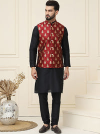 SOJANYA Mandarin Collar Silk Cotton Straight Kurta with Churidar & Nehru jacket